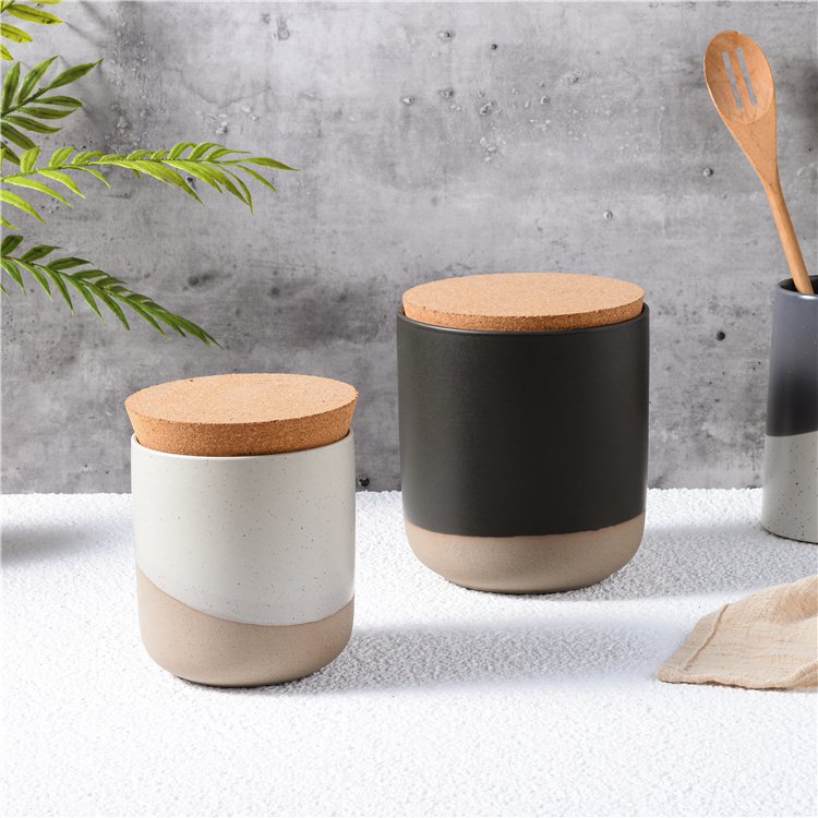 High Quality Speckled Cylinder Clay Kitchen Food Tea Sugar Coffee Canister Ceramic Storage Jar with Bamboo Lids
