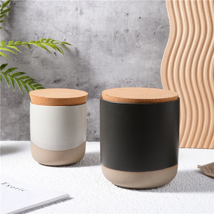 High Quality Speckled Cylinder Clay Kitchen Food Tea Sugar Coffee Canister Ceramic Storage Jar with Bamboo Lids