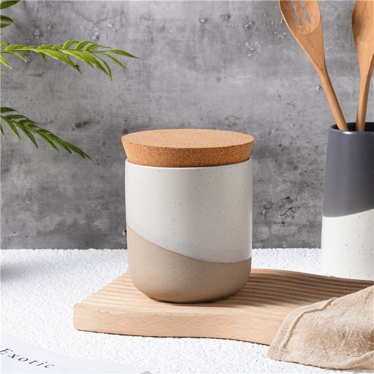 High Quality Speckled Cylinder Clay Kitchen Food Tea Sugar Coffee Canister Ceramic Storage Jar with Bamboo Lids