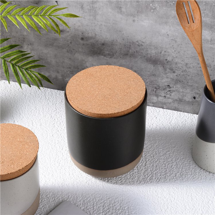 High Quality Speckled Cylinder Clay Kitchen Food Tea Sugar Coffee Canister Ceramic Storage Jar with Bamboo Lids