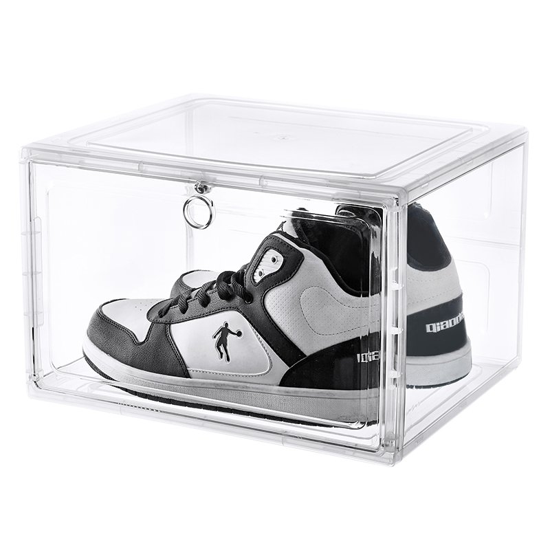 Clear Magnetic Drop Front Shoe Rack Transparent Stackable Storage Box with Side Open Access Online Accessible