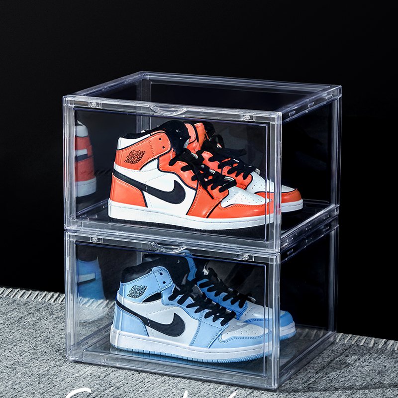 Clear Magnetic Drop Front Shoe Rack Transparent Stackable Storage Box with Side Open Access Online Accessible