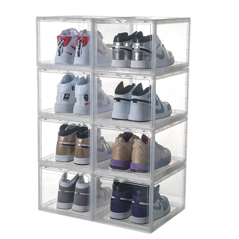 Clear Magnetic Drop Front Shoe Rack Transparent Stackable Storage Box with Side Open Access Online Accessible