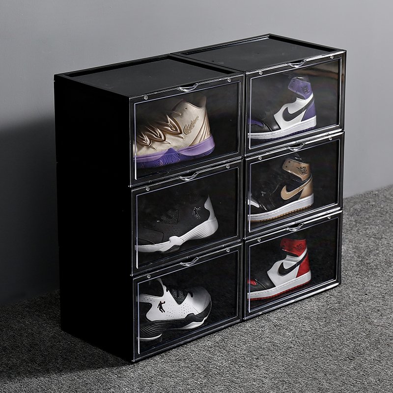 Clear Magnetic Drop Front Shoe Rack Transparent Stackable Storage Box with Side Open Access Online Accessible