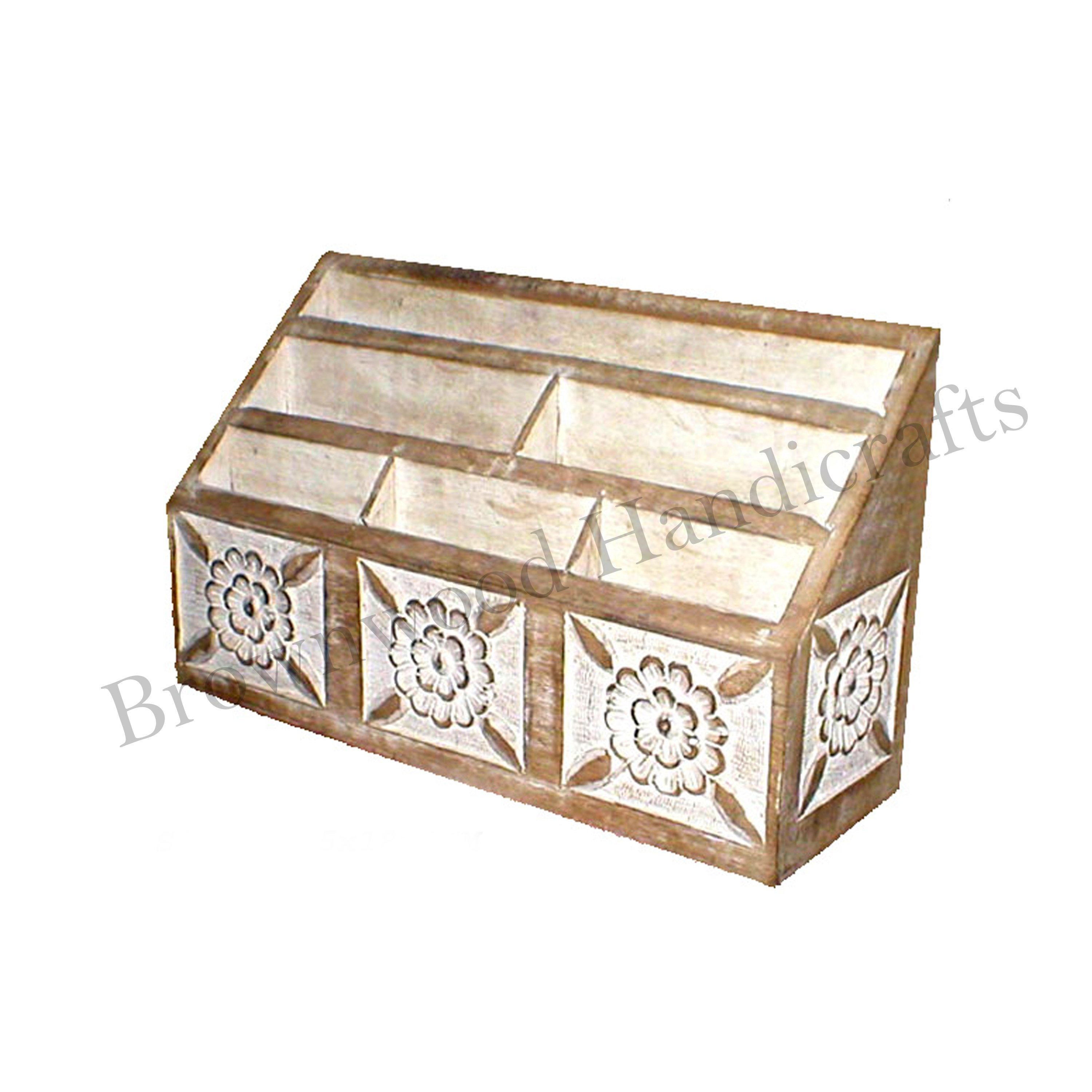 Widely Demand 10 X 7 X 5 Inch Size and 11 mm Thickness Handmade Mango Wood Carved Letter Rack For Multipurpose Use at Low Price