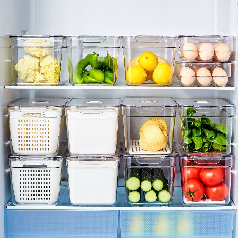 Modern 4-Piece Acrylic Food Storage Containers Set Lids Refrigerator Stackable Organizer Drawers Bins Baskets Vegetables Box