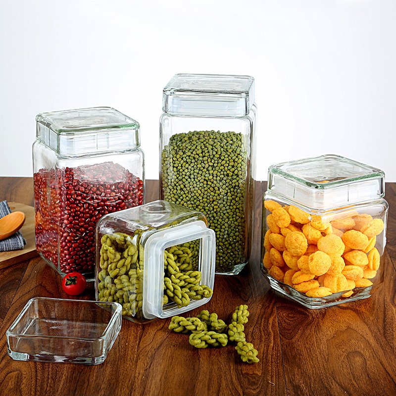 High Quality Square Glass Jar Set for Kitchen Storage Customized Airtight Lid Food Container with High-Tech Logo