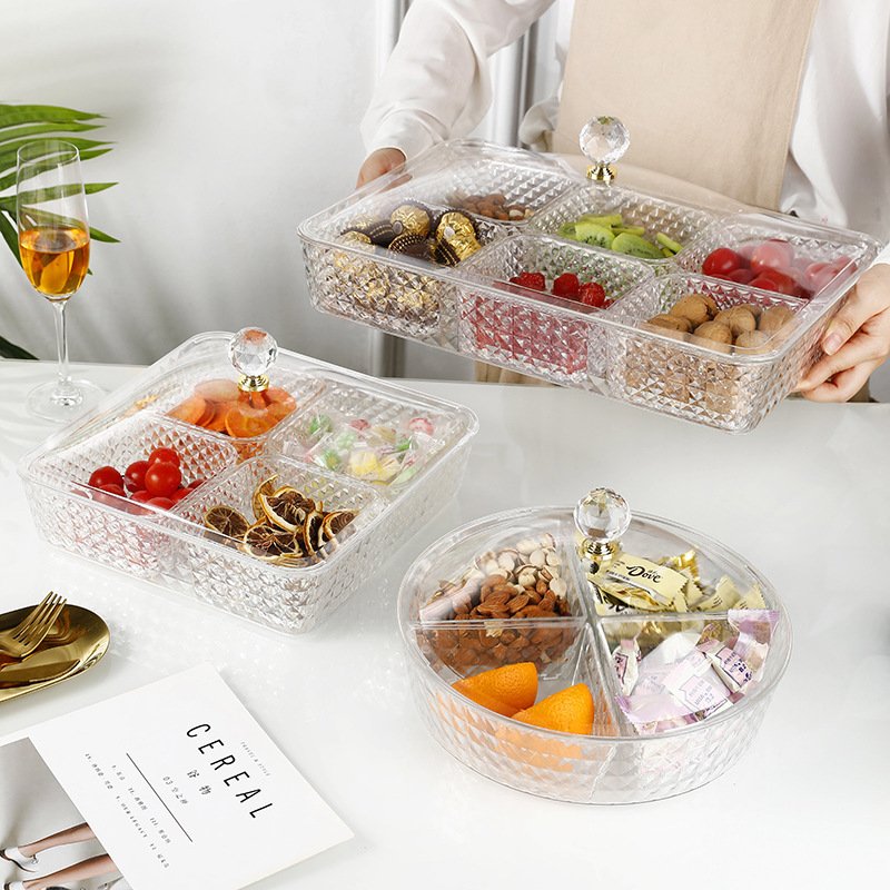 MSJ-0500 Acrylic Plastic Transparent Dried Fruit Box Square Snack Tray Multifunctional Covered Tray (4 Cell)