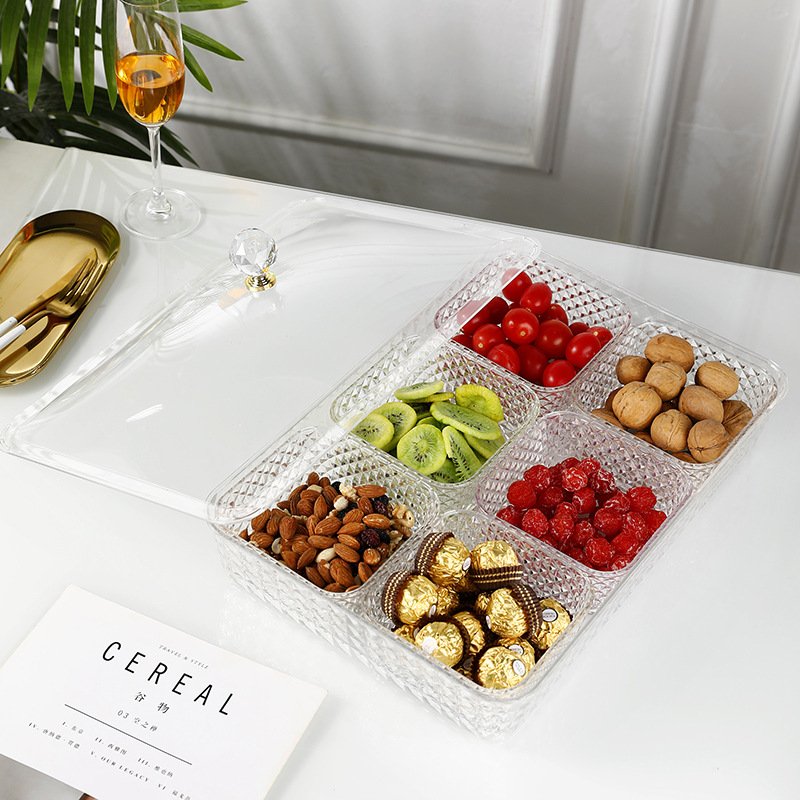 MSJ-0500 Acrylic Plastic Transparent Dried Fruit Box Square Snack Tray Multifunctional Covered Tray (4 Cell)