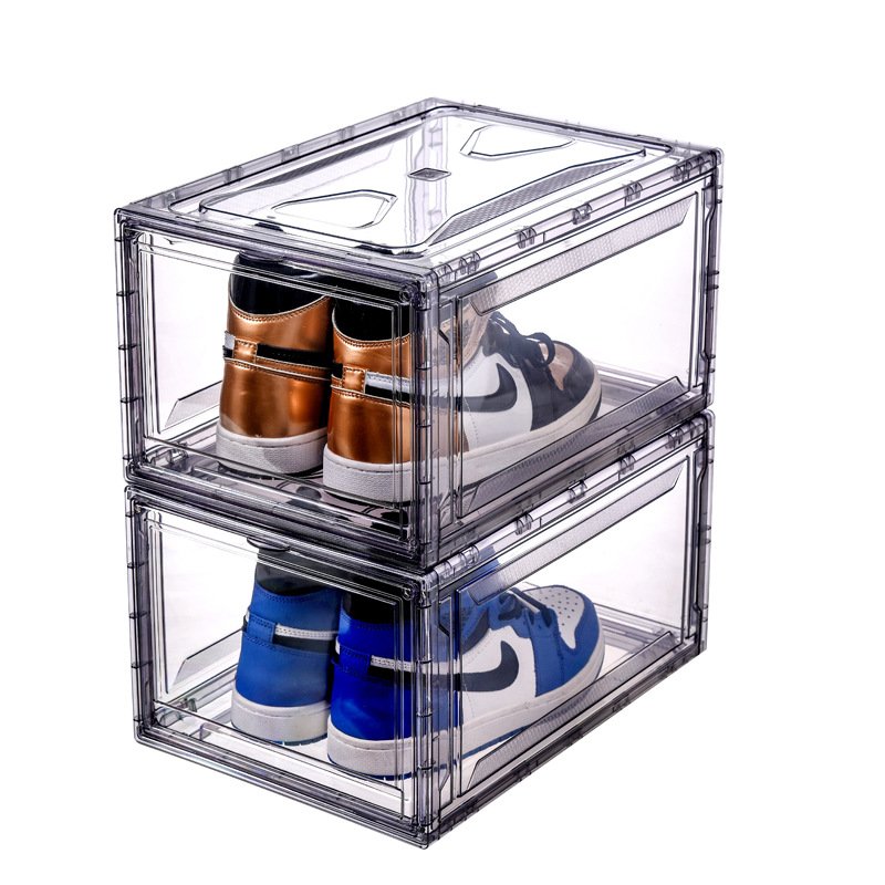 Custom Clear Hard Pet Sneakers Shoe Container Storage Box Organizer Magnetic Stackable Foldable Plastic Shoe Display Boxes
