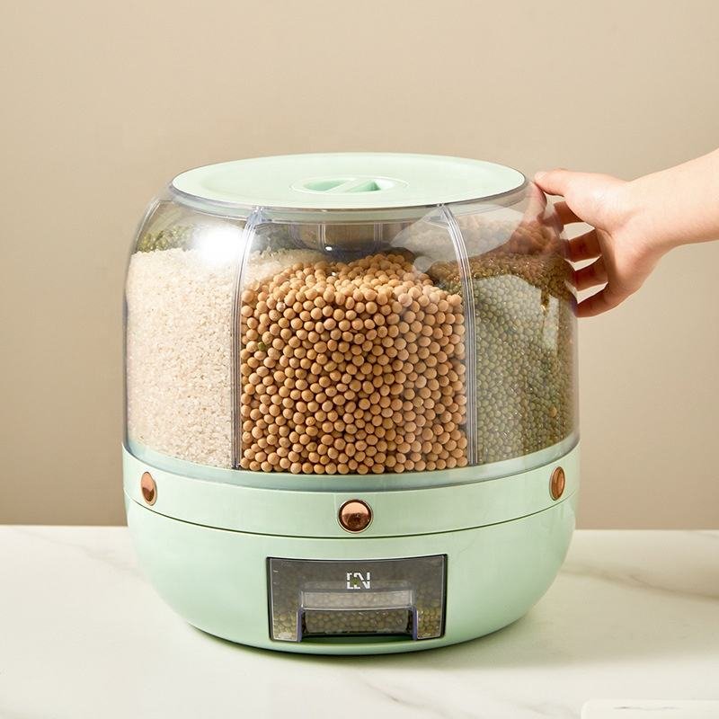 Rice Dispenser Kitchen round Moisture-Proof 6-Grid Rotating Food Grain Dispenser Cereal Storage Box Rice Container Dispenser