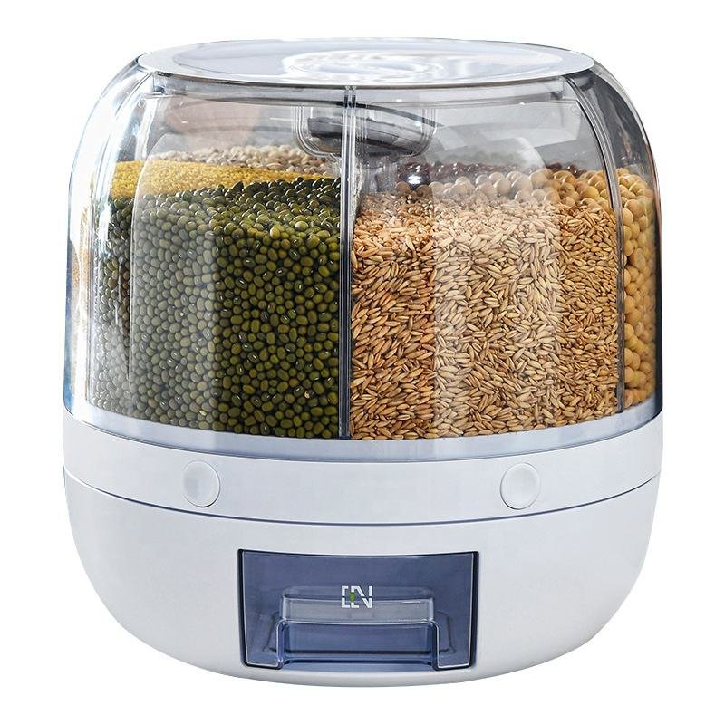 Rice Dispenser Kitchen round Moisture-Proof 6-Grid Rotating Food Grain Dispenser Cereal Storage Box Rice Container Dispenser