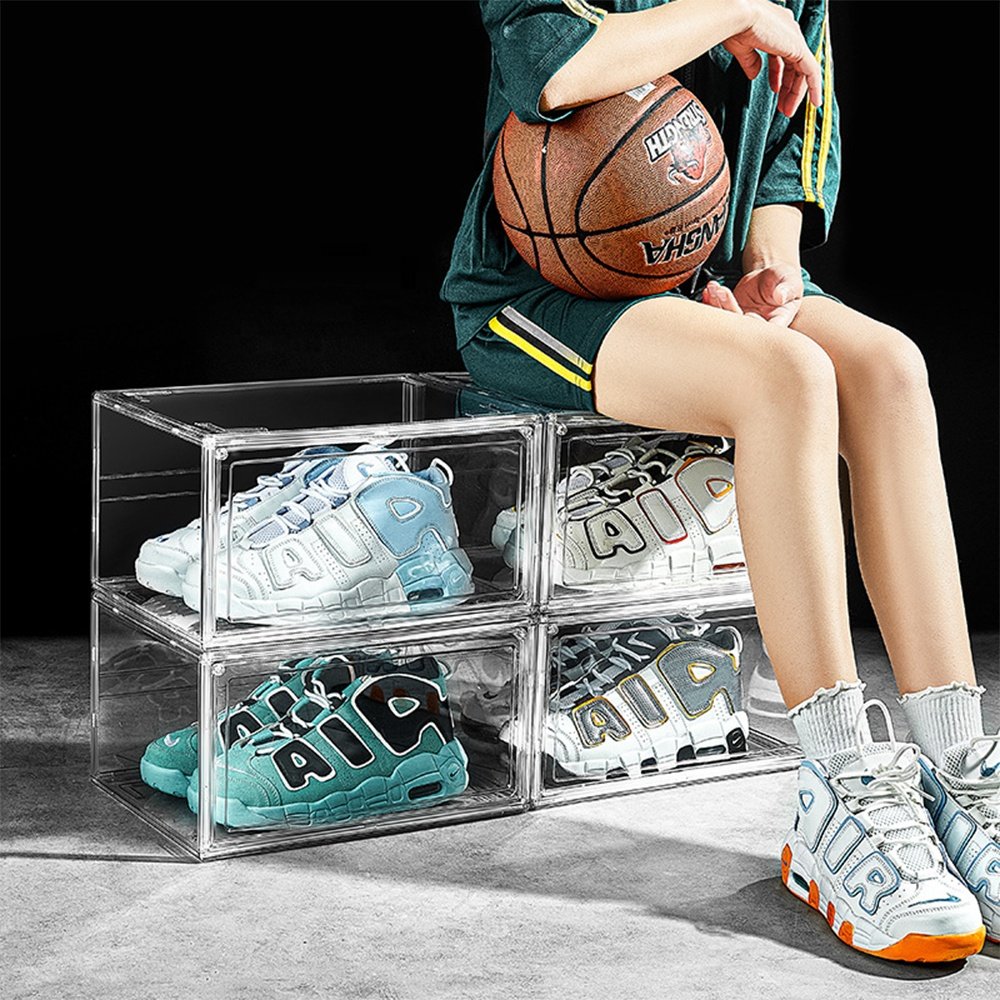 Transparent Plastic Sneaker Stackable Shoe Storage Boxes Drop Front Acrylic Drawer Type Magnetic Clear Shoe Box