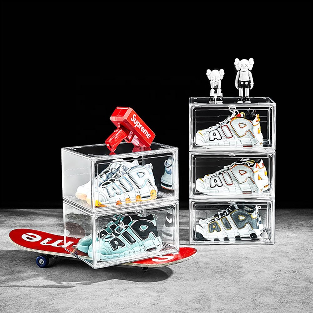 Transparent Plastic Sneaker Stackable Shoe Storage Boxes Drop Front Acrylic Drawer Type Magnetic Clear Shoe Box