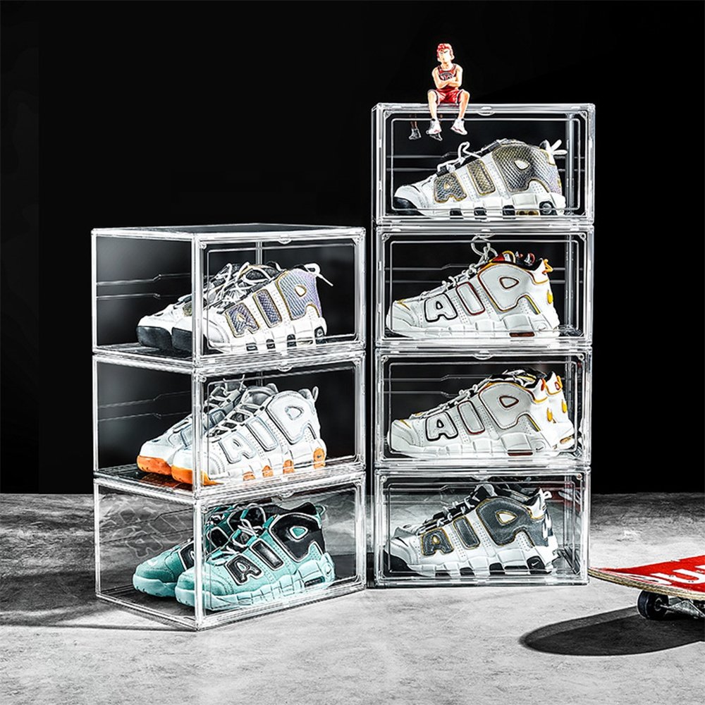 Transparent Plastic Sneaker Stackable Shoe Storage Boxes Drop Front Acrylic Drawer Type Magnetic Clear Shoe Box