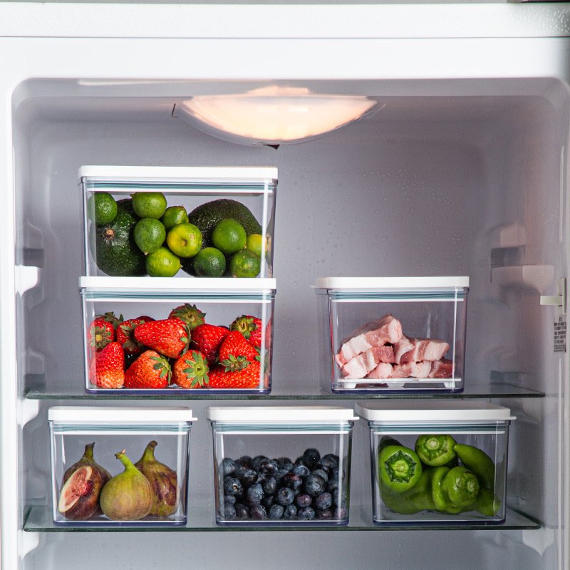 Stackable Kitchen Acrylic Clear Food Container Plastic Freezer Refrigerator Fruit Organizer Bin Storage Box with Drain Basket