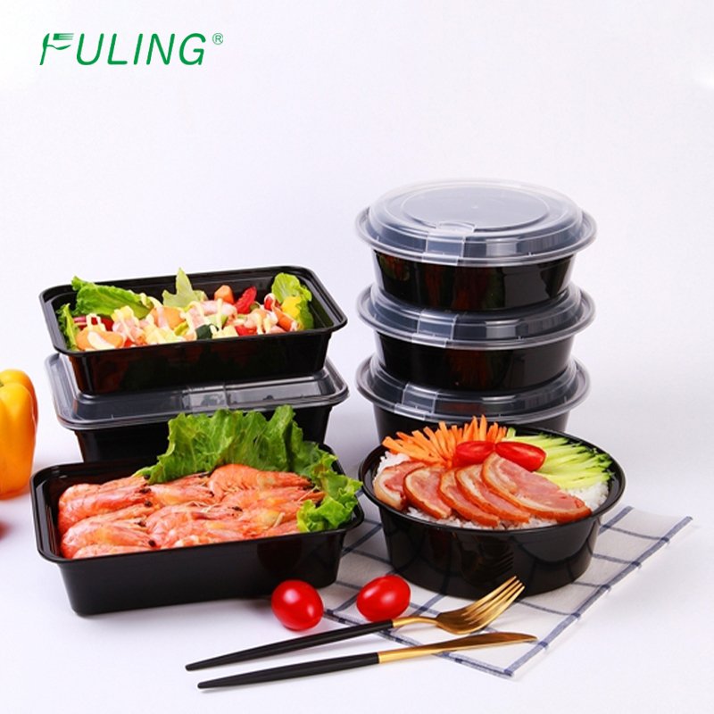 Fuling Customizable 12-48 oz Black Rectangle Microwave Safe Stackable Design Takeaway Plastic Meal Prep Food Container With Lid