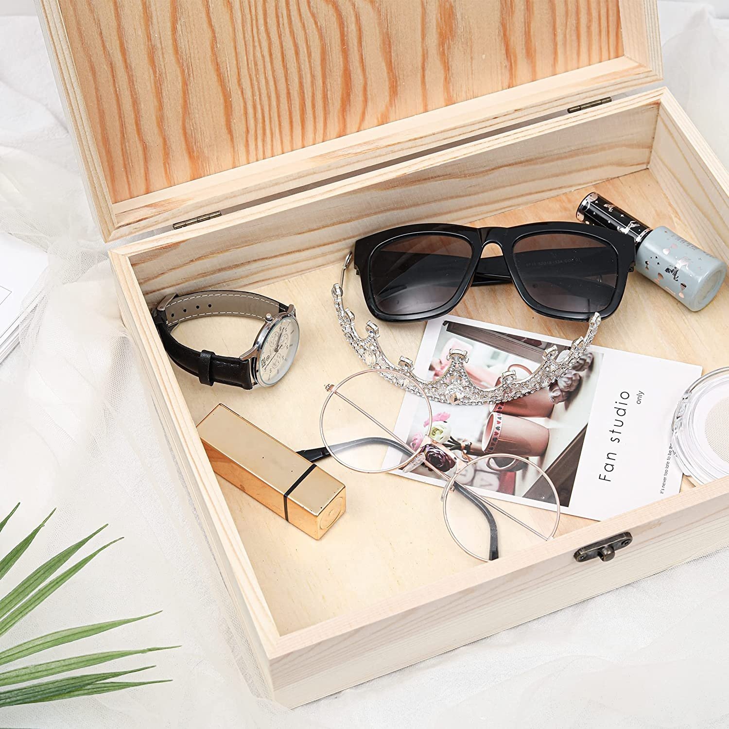 Unfinished Pine Wooden Jewelry Storage Box with Hinged Lid for Crafts DIY