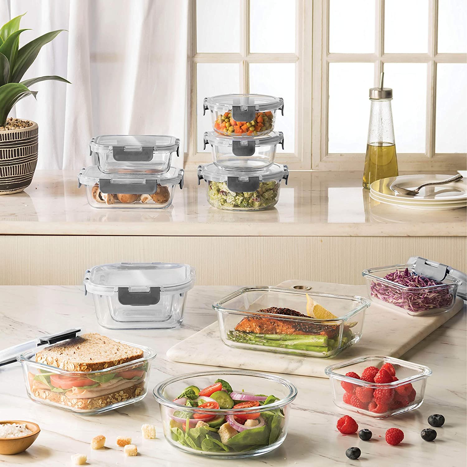 10 Pieces Glass Food Storage Containers, Glass Meal Prep Containers with Lids Leak Proof, Microwave & Freezer Safe (34oz & 12oz)