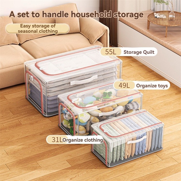 Large PVC Cloth Storage Box Double Zipper Waterproof Transparent Fabric Foldable Design Clothes Toys Durable Bin