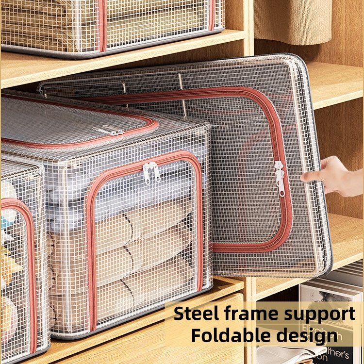 Large PVC Cloth Storage Box Double Zipper Waterproof Transparent Fabric Foldable Design Clothes Toys Durable Bin