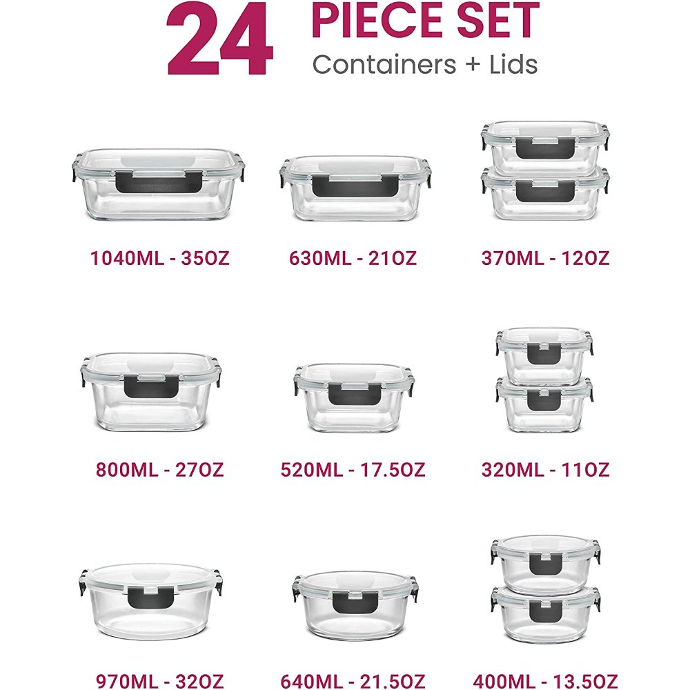 24-Piece Superior Glass Food Storage Containers Set Newly Innovated Hinged Locking lids 100% Leakproof Glass Meal-Prep Container