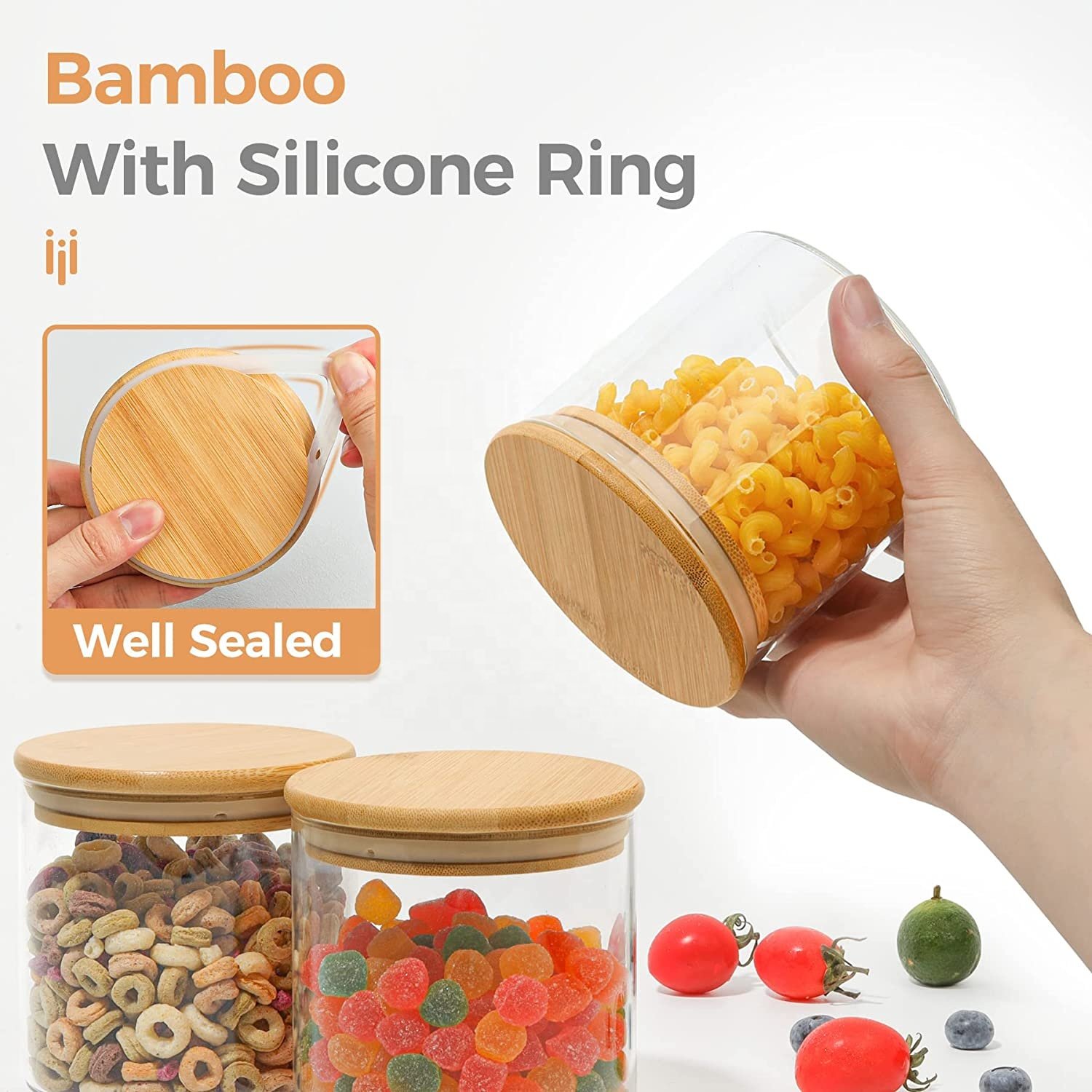 ODM / OEM Home Storage Glass Round Jar with Airtight Bamboo Lid for Food Storage