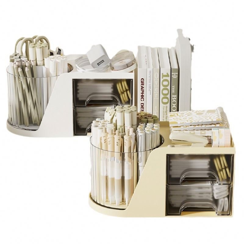 New Arrivals Office Table Art Supply Storage Box Caddy Pencil Pen Holder Rotating Desk Organizer with 2 Drawer