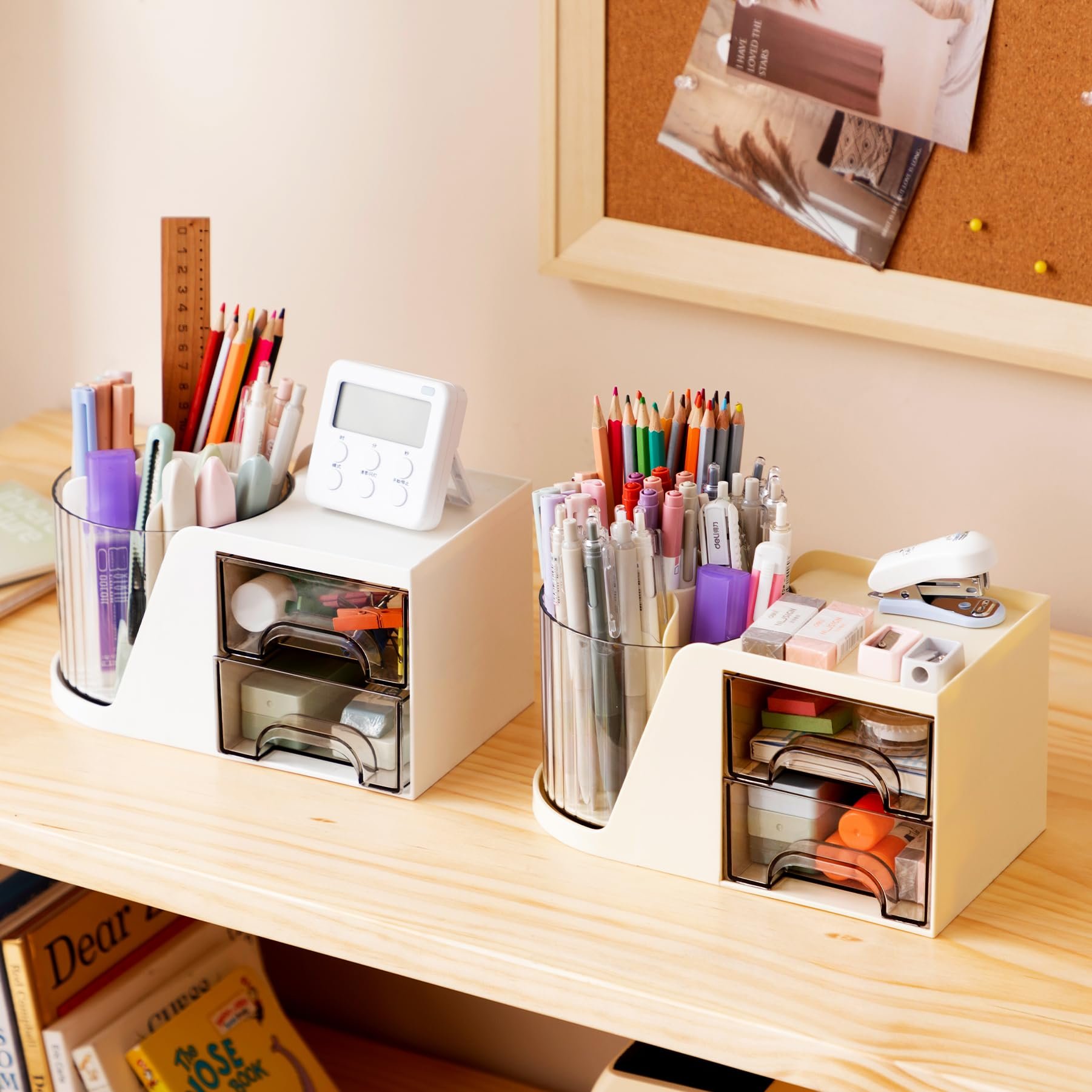 New Arrivals Office Table Art Supply Storage Box Caddy Pencil Pen Holder Rotating Desk Organizer with 2 Drawer