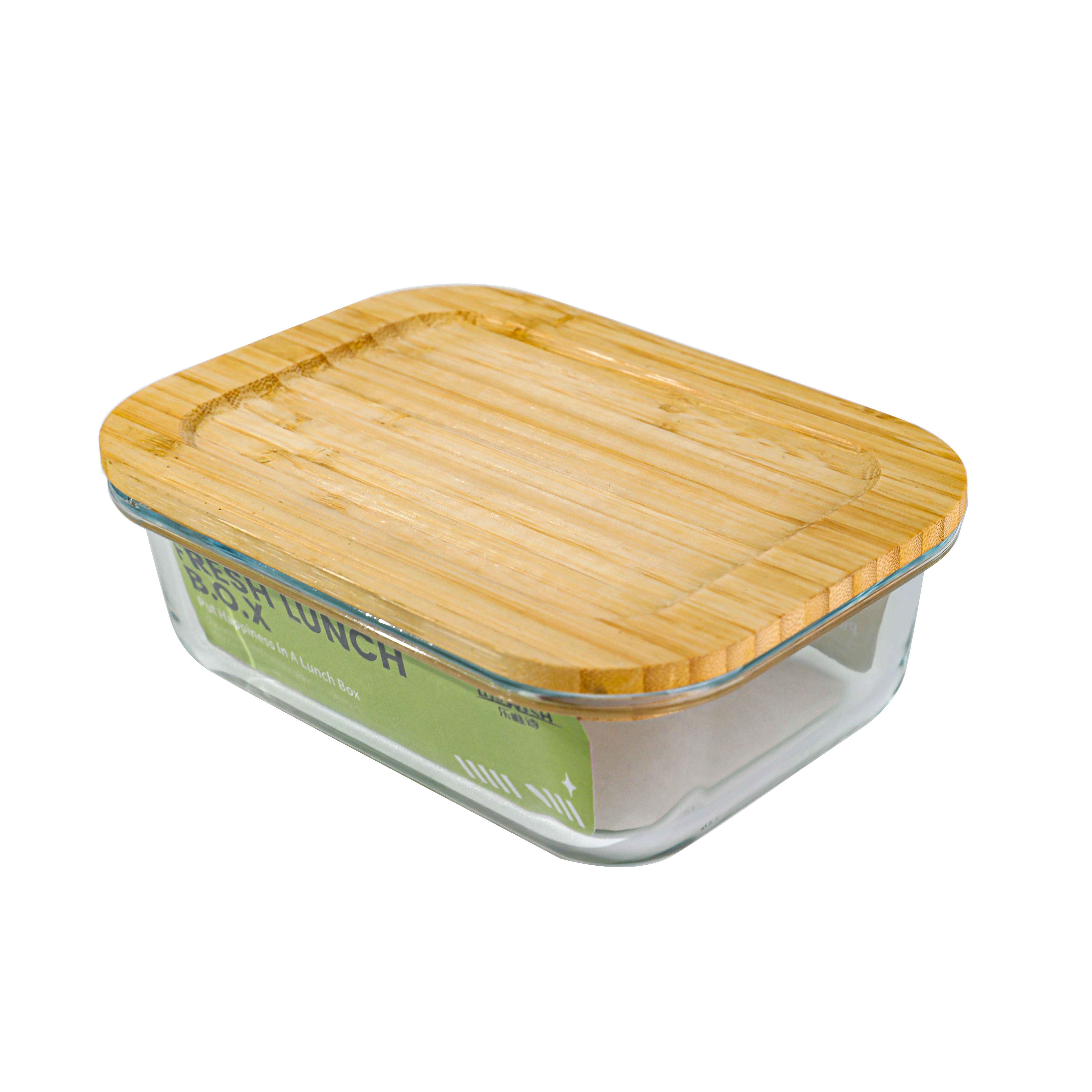 Eco-friendly food meal prep containers rectangular 4-piece set with bamboo lid/wooden glass food storage