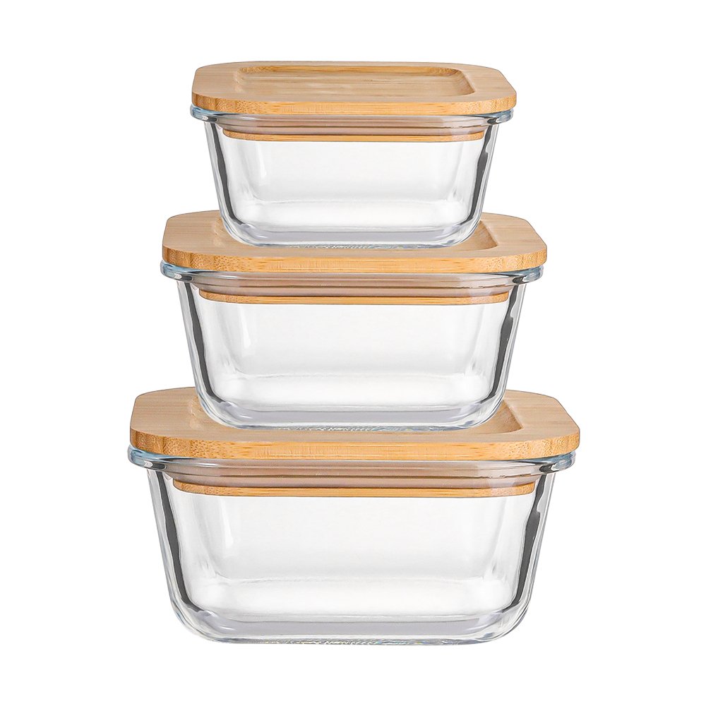 Eco-friendly food meal prep containers rectangular 4-piece set with bamboo lid/wooden glass food storage