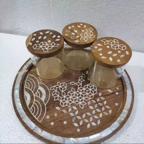 Unique Style Tray Shape With 3 Jar Box Acrylic With Mother Of Pearl Inlay Tableware Homeware Usage For Home Hotel Restaurants
