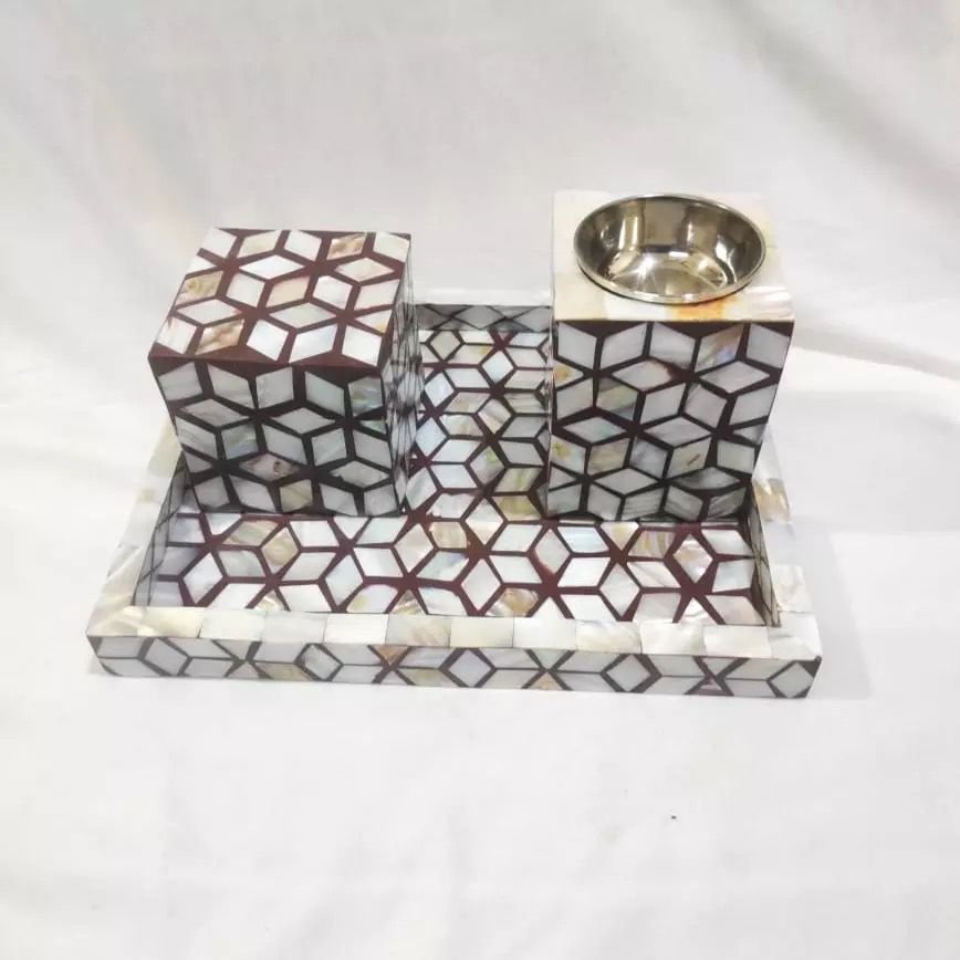 Unique Style Tray Shape With 3 Jar Box Acrylic With Mother Of Pearl Inlay Tableware Homeware Usage For Home Hotel Restaurants