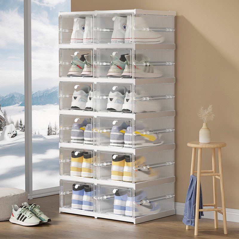 HAIXIN Collapsible Plastic Clear shoes Storage Bins Organizer with Handles Pack of 3