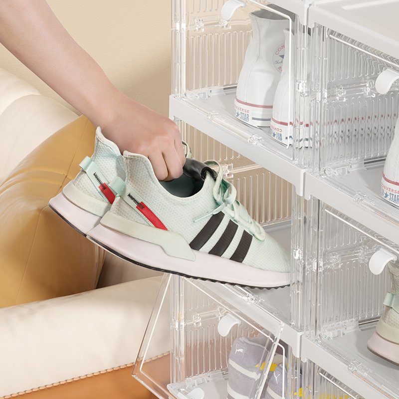 HAIXIN Collapsible Plastic Clear shoes Storage Bins Organizer with Handles Pack of 3