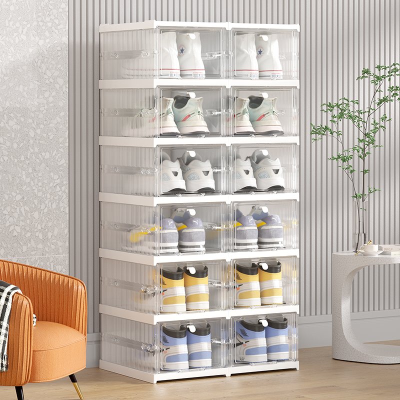 HAIXIN Collapsible Plastic Clear shoes Storage Bins Organizer with Handles Pack of 3