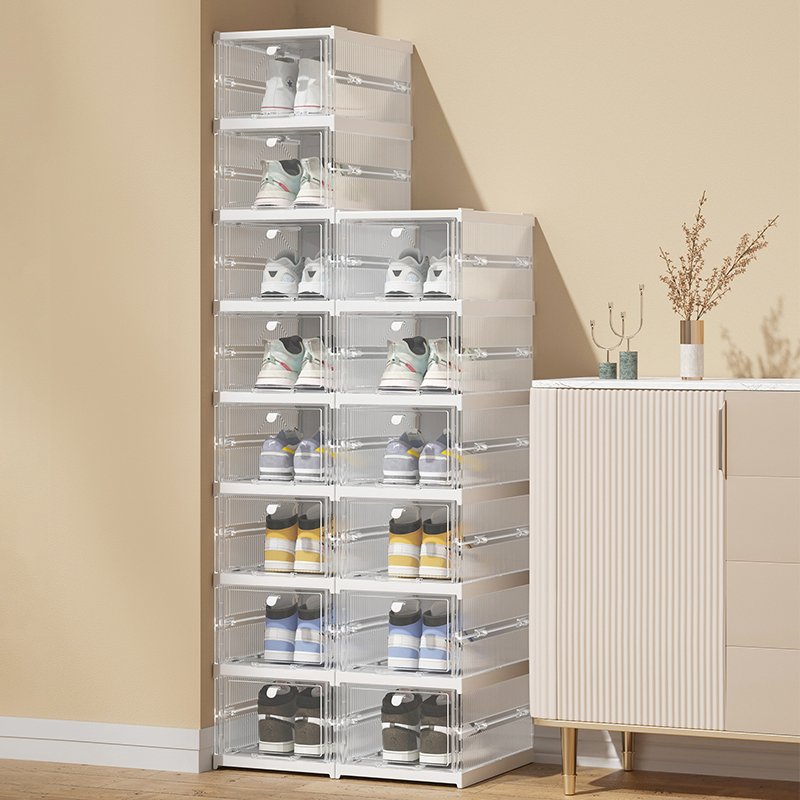 HAIXIN Collapsible Plastic Clear shoes Storage Bins Organizer with Handles Pack of 3