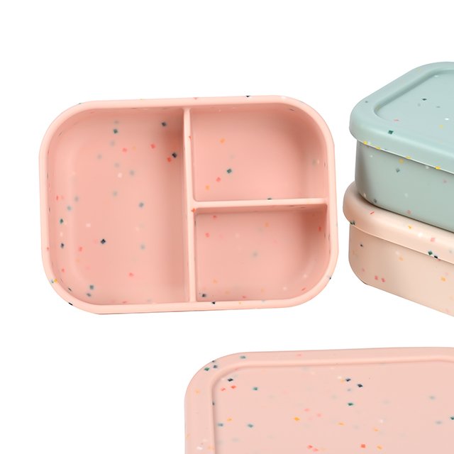 Microwave safe food grade BPA free non toxic school kids 3 compartment silicone speckle bento lunch box with lid dishwasher safe