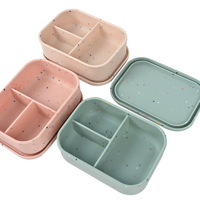 Microwave safe food grade BPA free non toxic school kids 3 compartment silicone speckle bento lunch box with lid dishwasher safe