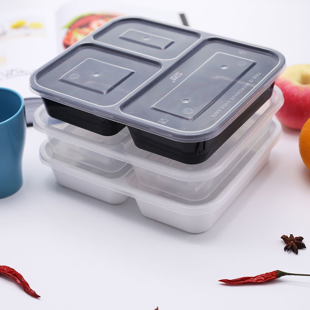 Disposable black plastic pp meal prep container microwave safe meal box food packaging with 3 compartments