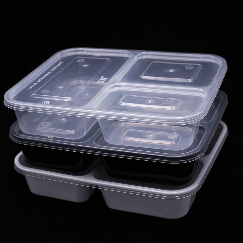 Disposable black plastic pp meal prep container microwave safe meal box food packaging with 3 compartments
