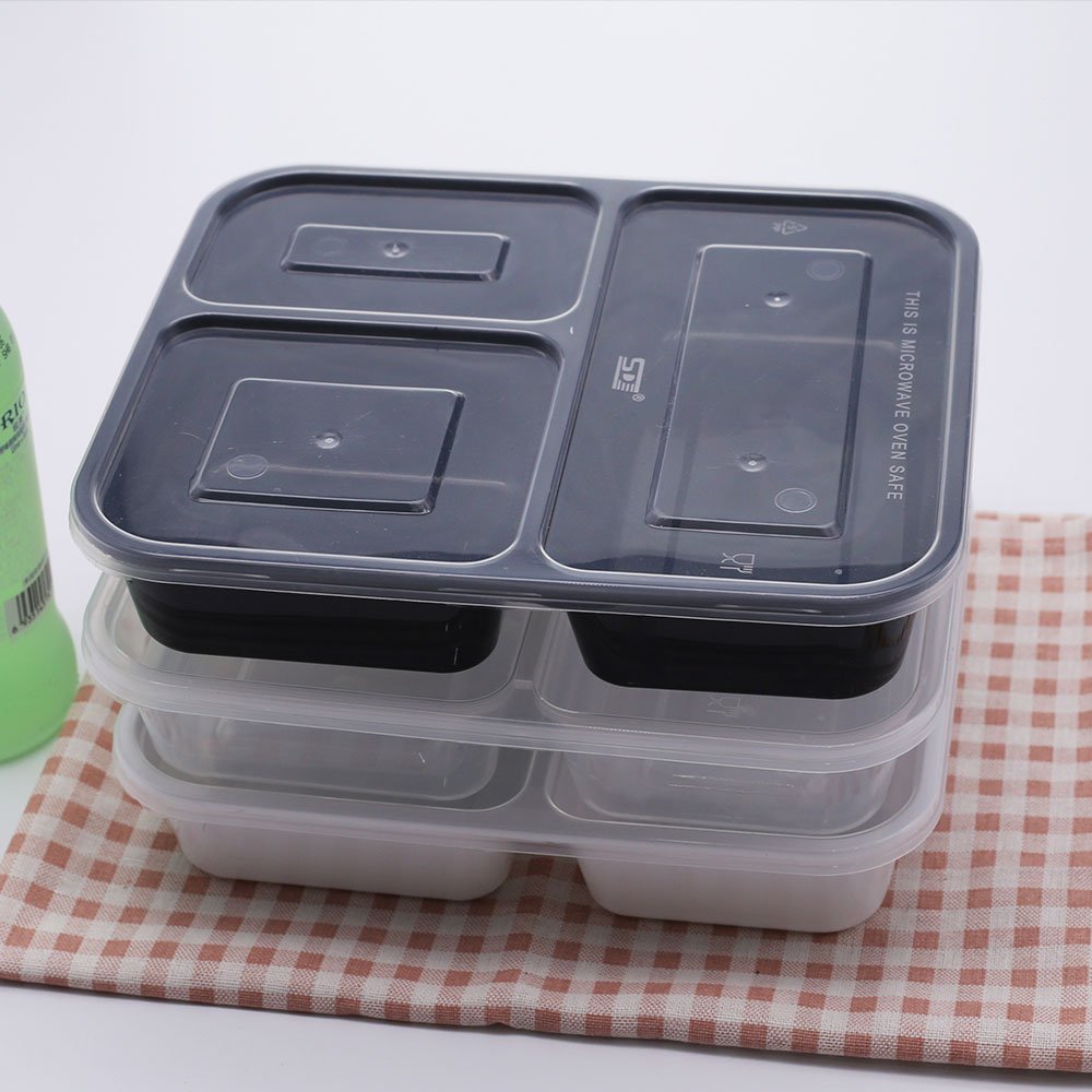 Disposable black plastic pp meal prep container microwave safe meal box food packaging with 3 compartments