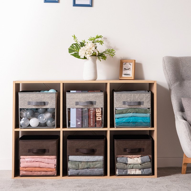 Non-woven Fabric PVC Clear Window Cube Storage Organizer Collapsible Storage Bin Without Lid Folding Storage Box with Handle