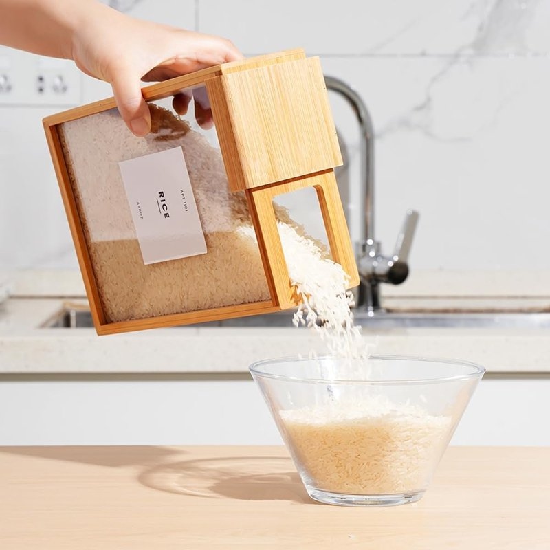Custom Bamboo Food Storage Container Airtight Transparent Rice Cereal Dry Dispenser for Kitchen Counter Pantry Organization
