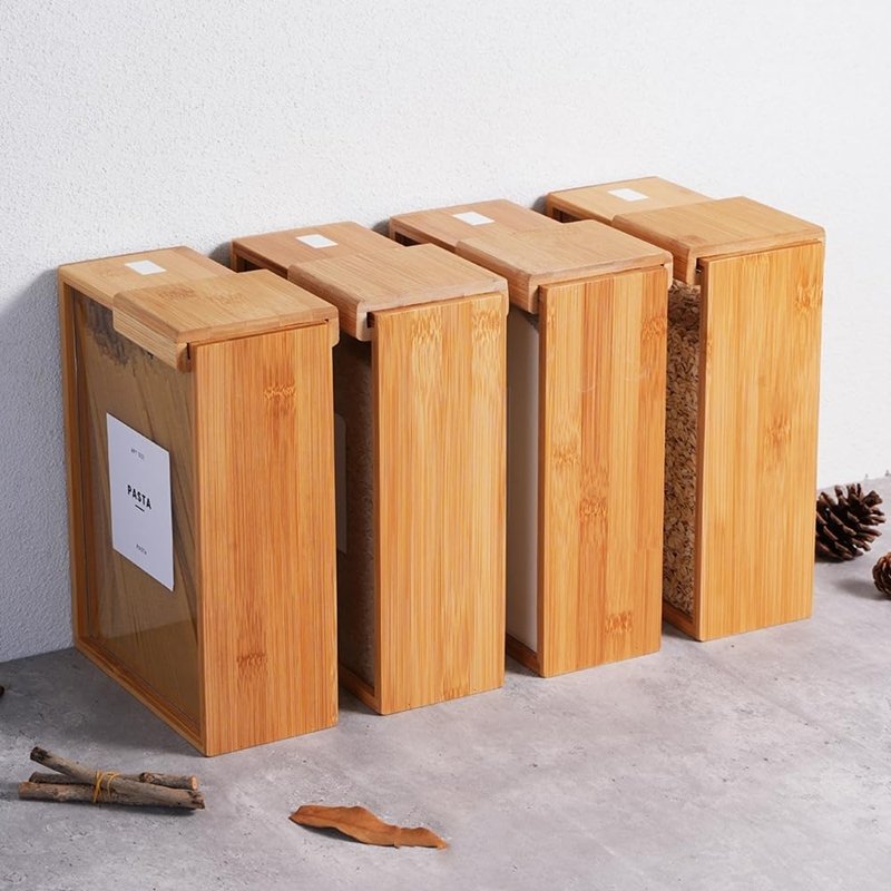Custom Bamboo Food Storage Container Airtight Transparent Rice Cereal Dry Dispenser for Kitchen Counter Pantry Organization
