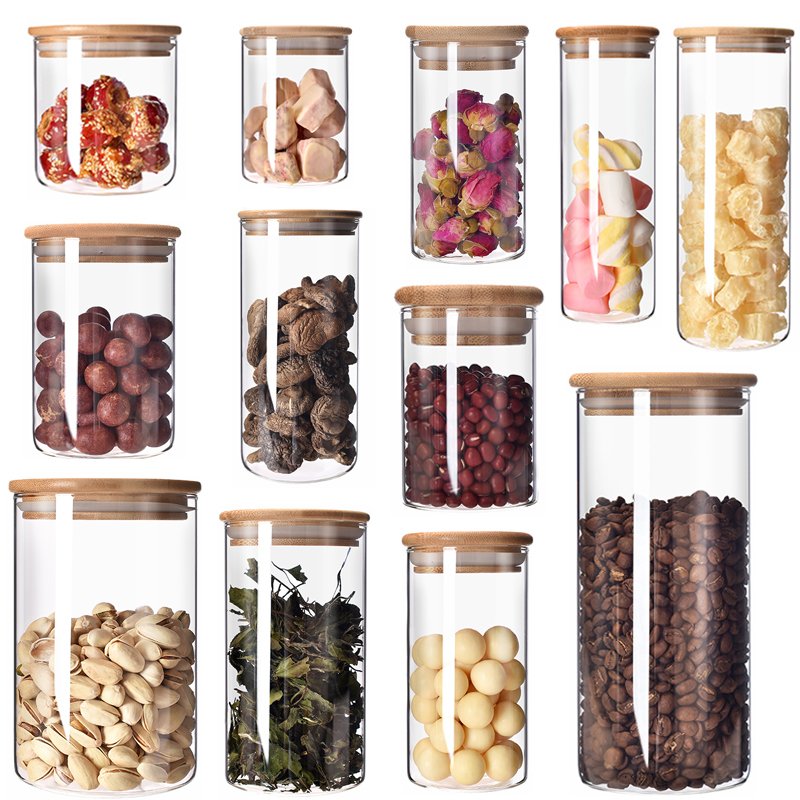 High Borosilicate Food Grade Glass Jars with Bamboo Lid and Wooden Cover for Kitchen and Camping Storage