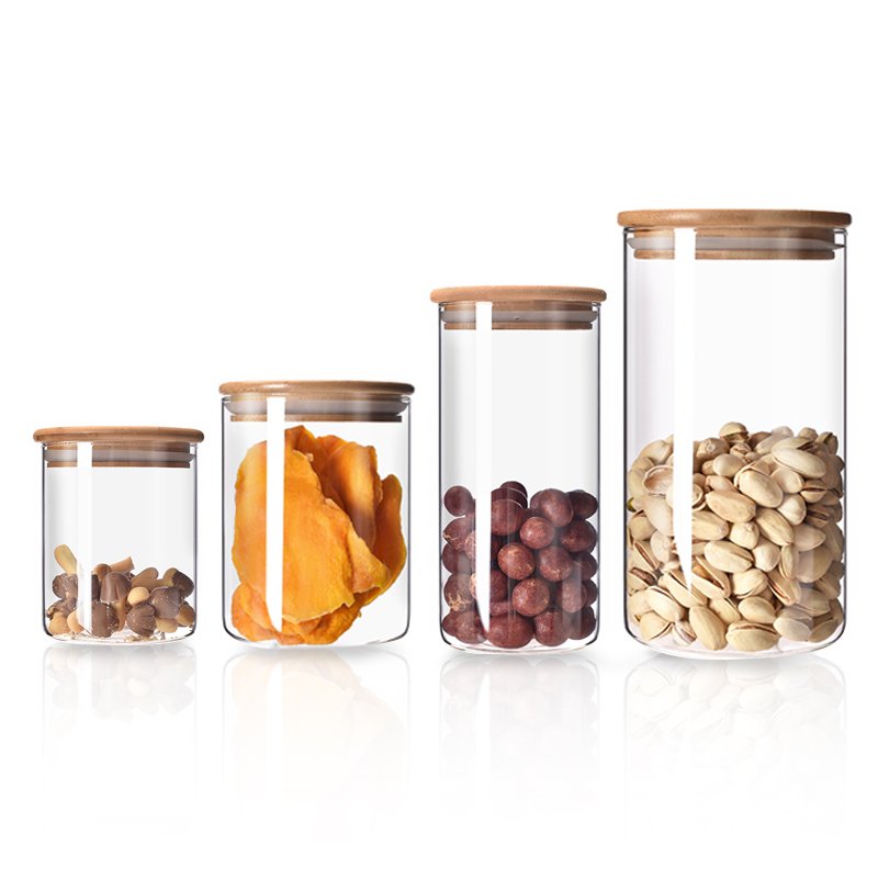 High Borosilicate Food Grade Glass Jars with Bamboo Lid and Wooden Cover for Kitchen and Camping Storage