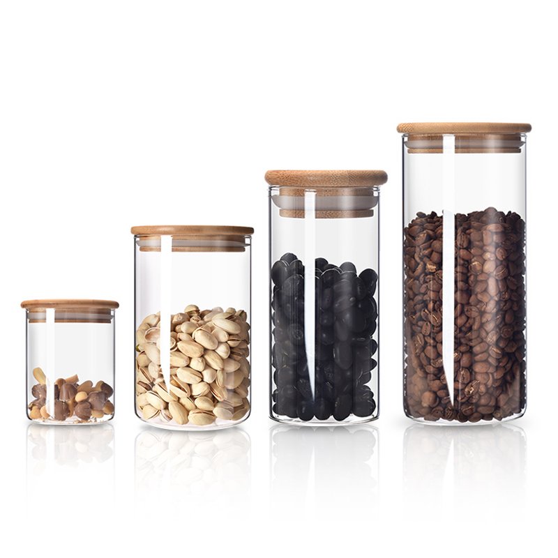 High Borosilicate Food Grade Glass Jars with Bamboo Lid and Wooden Cover for Kitchen and Camping Storage