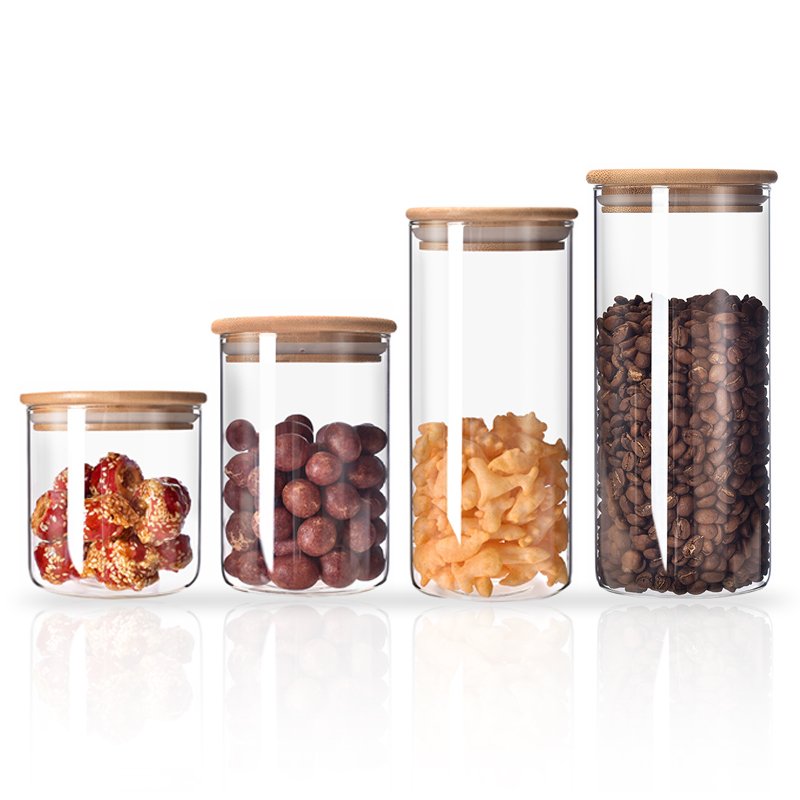 High Borosilicate Food Grade Glass Jars with Bamboo Lid and Wooden Cover for Kitchen and Camping Storage