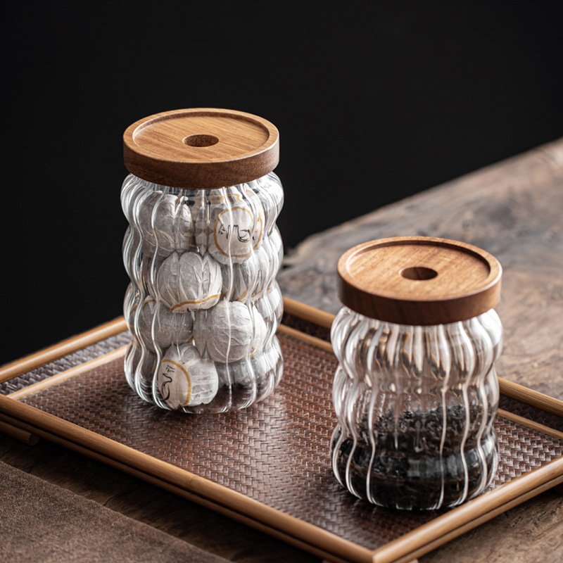 Modern Striped Borosilicate Glass Storage Jars with Acacia Wooden Lids for Candy Condiments Nuts Cereal Storage Cover Design
